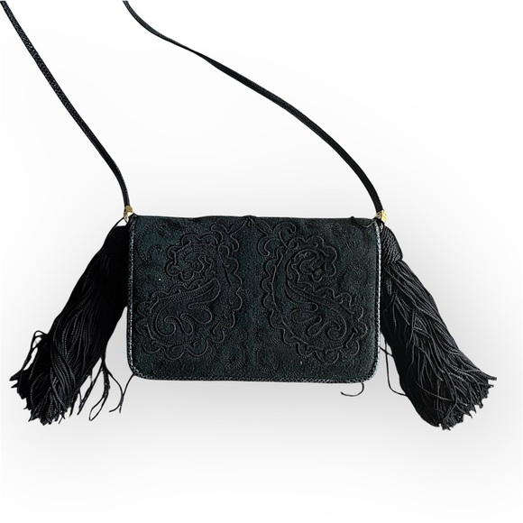 Judith Leiber vintage embroidered Suede evening mini bag with tassles, black - Picture 1 of 17
